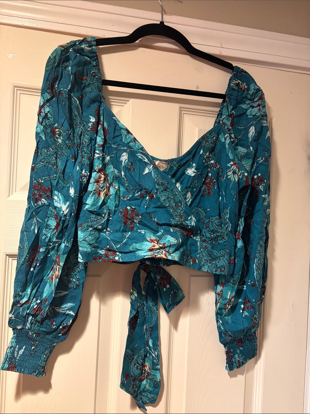 Floral Teal Wrap Crop Top with Puff Sleeves